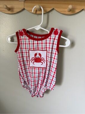 6-12M Red White Blue Gingham Crab Romper Sleeveless Snap One-Piece